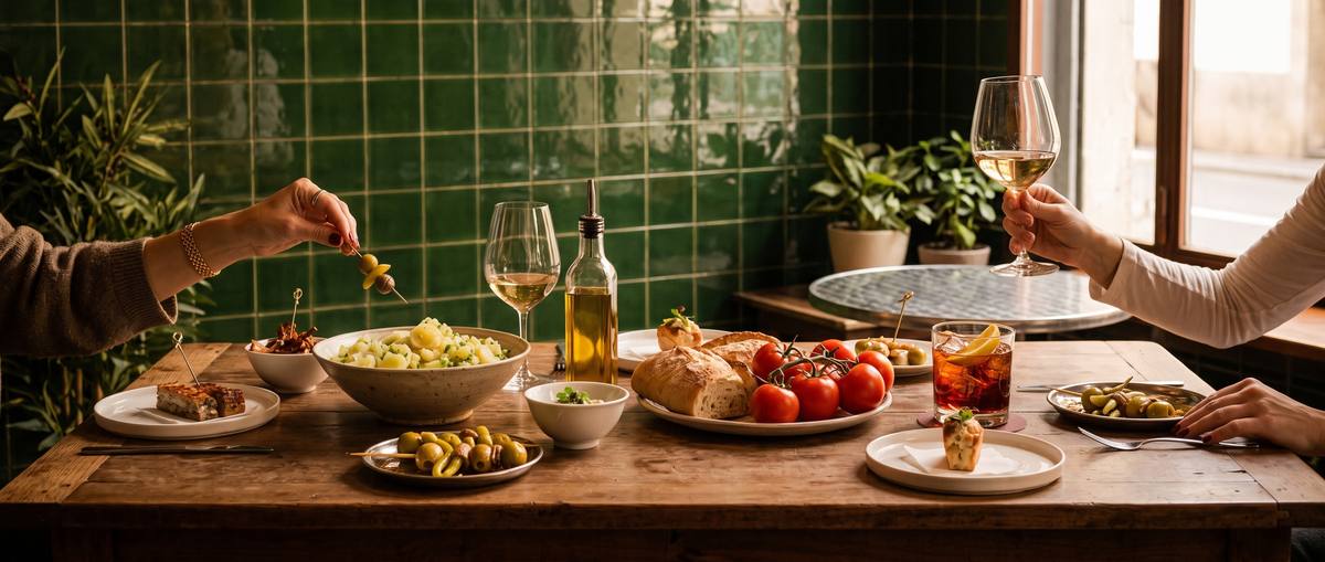 Mesa de Morro Fino con aperitivos, vino y vermú