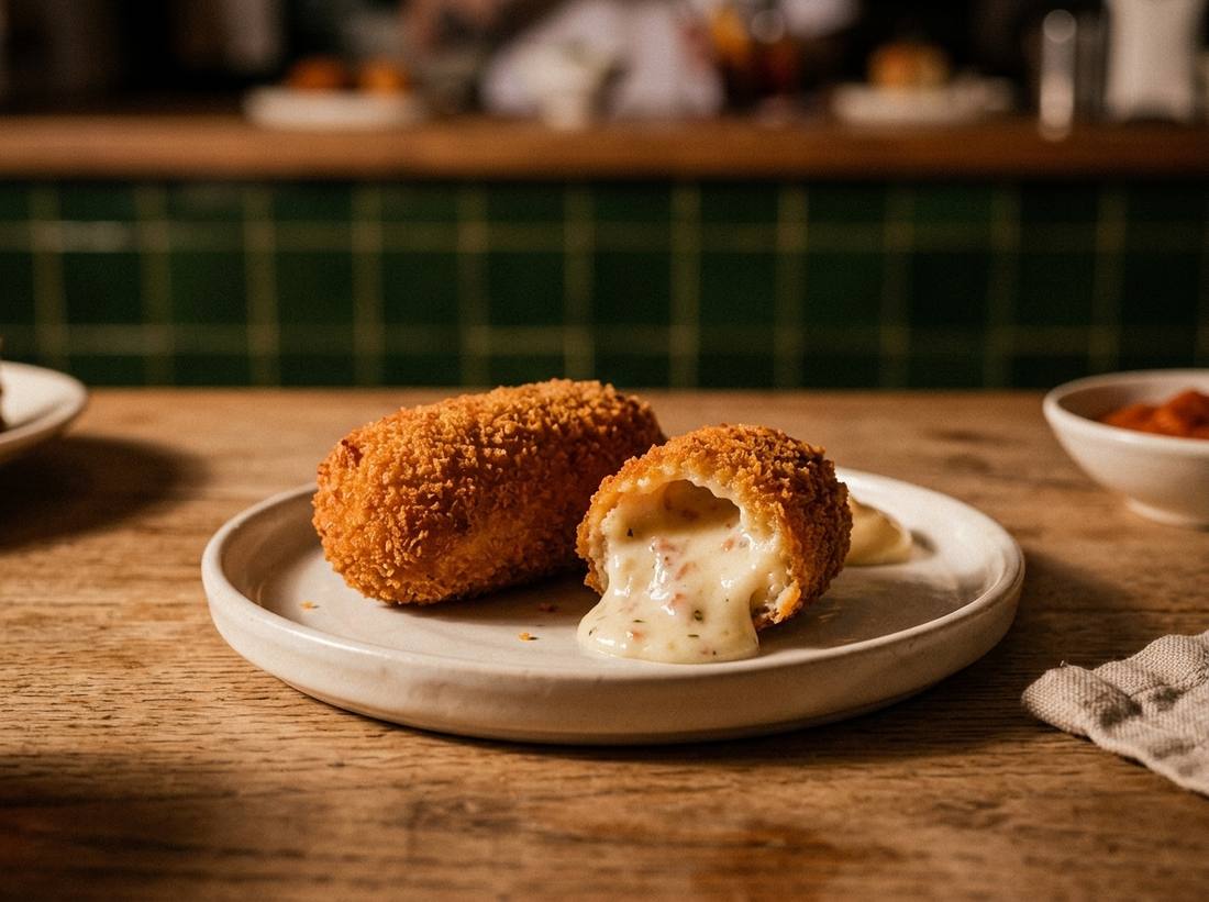 Croquetas cremosas recién hechas en la barra de Morro Fino